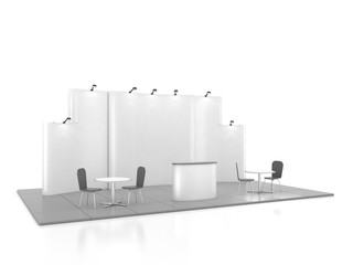 Blank creative exhibition stand design with color shapes. Booth template 01. 3D render