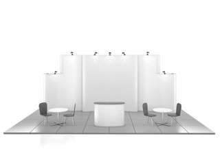 Blank creative exhibition stand design with color shapes. Booth template 01. 3D render