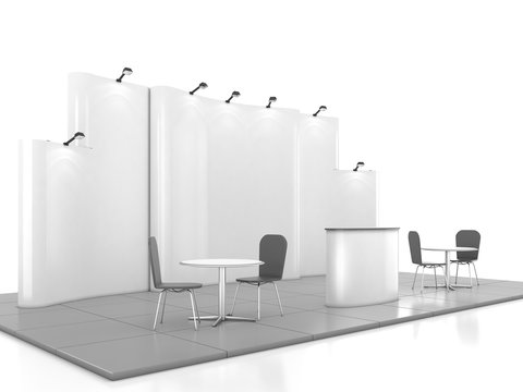 Blank creative exhibition stand design with color shapes. Booth template 01. 3D render