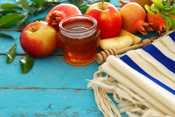 Rosh hashanah (jewish New Year holiday) concept. Traditional symbols.