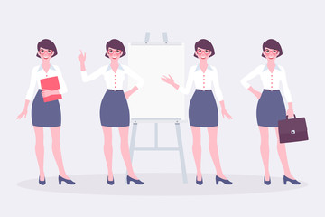 Set of cartoon character woman in business clothes suit. Different poses of businesswoman, secretary or teacher.