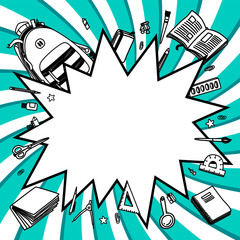 Stationery collection. Outline style. Back to school thin line vector doodle illustration template isolated on twisted background. Sketchy vector backpack and stationery for graphic design, web banner