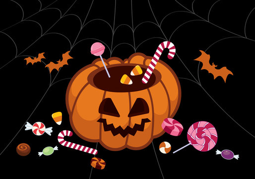 Halloween Pumpkin vector. Pumpkin with sweets. Pumpkin background for halloween