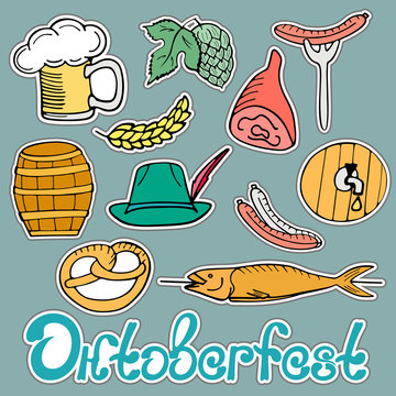 Oktoberfest National German Festival. Sticker pack of traditional menu: a glass of beer , sausage on a fork, pretzel, pork ham, fish on stick, hops, barley, barrel, hat. Hand drawn doodle isolated