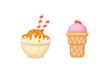 Collection of vector cartoon ice cream illustrations. Summer food.