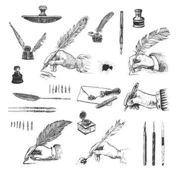 Vintage Hand drawn hands writing with a feather pen. Vector set, engraving style. Inkwells, writing and calligraphical tools, paperweight, penknives, envelope, wafer, stylus, pens, ink blots