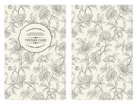 Botanical cover design with floral elements. Vintage card design with peony flower pattern. Decorative frame or border for wedding card. Vector illustration.