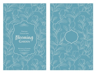 Fototapeta premium Invitation card with flowers. Blossom magnolia for you personal cover. Magnolia pattern. Floral theme for book cover. Botanical texture illustration in style of engraving. Vector illustration.