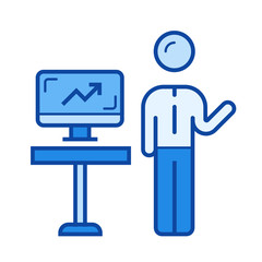 Global presentation vector line icon isolated on white background. Global presentation line icon for infographic, website or app. Blue icon designed on a grid system.