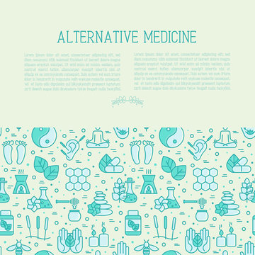 Alternative medicine concept with thin line icons. Vector illustration of banner, print media or web site for yoga, acupuncture, wellness, ayurveda, chinese medicine, holistic center.