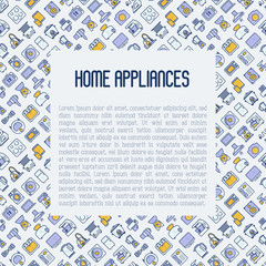 Home appliances concept with thin line icons: refrigerator, coffee machine, microwave, fryer and place for text. Household vector illustration for banner, web page, print media.