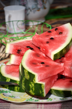 Pieces of ripe watermelon on the table
