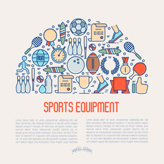 Sport equipment concept in half circle with thin line sport and winning games icons. Vector illustration for banner, web page, print media.