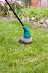 Gasoline lawn trimmer mows juicy green grass on a lawn on a sunny summer day. Garden equipment