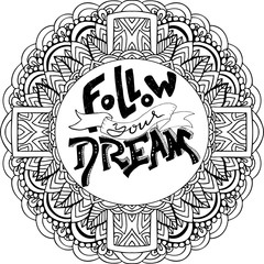 Abstract mandala ornament. Asian pattern. Black and white authentic frame. Modern typography poster. Vector illustration.