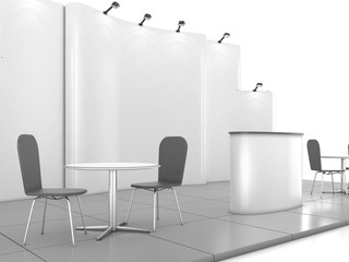 Blank creative exhibition stand design with color shapes. Booth template 02. 3D render