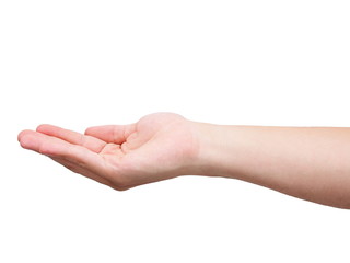 man hand open and ready to help or receive. Gesture isolated on white background