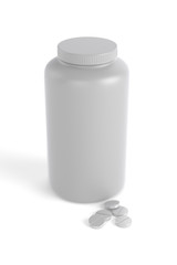 3D realistic render of plastic container for drugs with pile of tablets on ground. Isolated on white background with shadows. Template for your design.