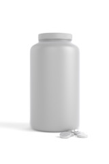 3D realistic render of plastic container for drugs with pile of tablets on ground. Isolated on white background with shadows. Template for your design.