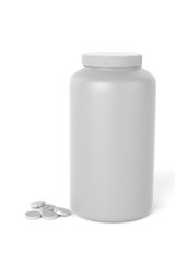 3D realistic render of plastic container for drugs with pile of tablets on ground. Isolated on white background with shadows. Template for your design.
