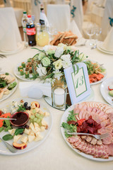 Green number 13 put in blue frame stands on table with snacks served on large dishes