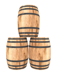3D realistic render of three old light wood barrel. White background. Shadows. Clipping path
