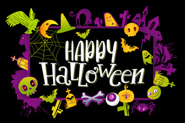 Color Happy Halloween horizontal banner with hand lettering greetings and sketch cartoon style horror characters. Vector illustration on yellow background. Pumpkin, skull, bird, bat, ghost, cat, grave