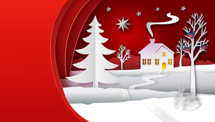 Christmas paper art. Red tone vector illustration. Ellipse paper cut layers with winter forest. White nature with house, trees, hare, stars, bulfinch's and christmas tree. Holidays banner