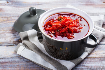 Traditional Russian or Ukrainian beetroot soup borscht. Space for text