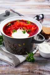 Traditional Russian or Ukrainian beetroot soup borscht. Space for text