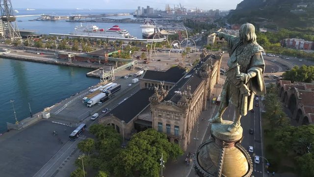Aerial view of Columbus monument in Barcelona, summer day