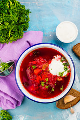 Traditional Russian or Ukrainian beetroot soup borscht. Space for text