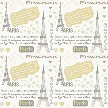 Seamless pattern with Eiffel tower, inscriptions and text. Useful for design.