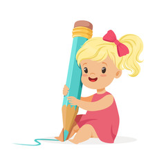 Cute blonde little girl sitting on the floor and writing with a giant blue pencil cartoon vector Illustration
