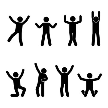 Stick figure happiness, freedom, jumping, motion set. Vector illustration of celebration poses pictogram