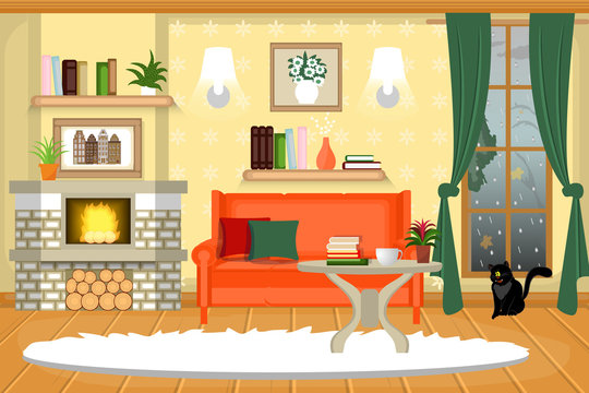 The interior of the living room. Cozy room with furniture. A fireplace, a sofa, a table. Cartoon. Vector.