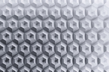 Geometric futuristic honeycomb pattern in gray colors. Background with complex hexagonal repeating shapes. 3D illustration.