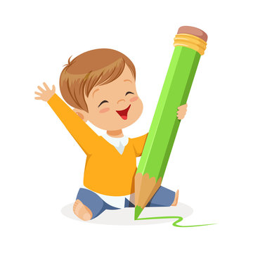 Cute little boy sitting on the floor and writing with a giant green pencil cartoon vector Illustration
