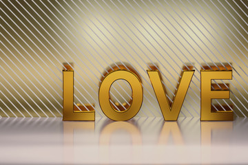 Love letters on the shiny background in golden colors. Romantic greeting card. 3D illustration.