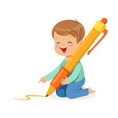 Cute little boy sitting on his knees and writing with giant orange pen cartoon vector Illustration