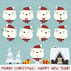 Merry christmas and Happy new year! Set face polar bear for christmas and new year design. Collection isolated heads of polar bear in cartoon style.