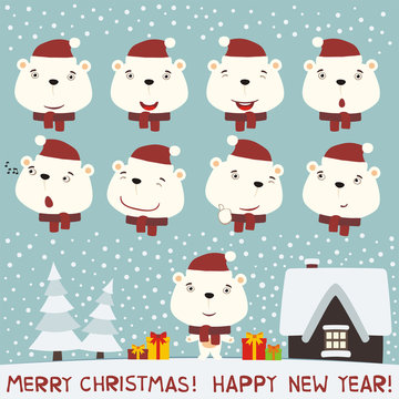 Merry christmas and Happy new year! Set face polar bear for christmas and new year design. Collection isolated heads of polar bear in cartoon style.