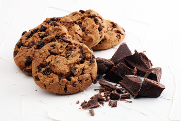 Chocolate cookies on white background. Chocolate chip cookies shot