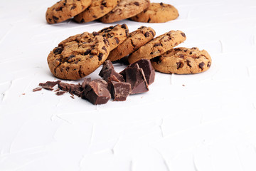 Chocolate cookies on white background. Chocolate chip cookies shot