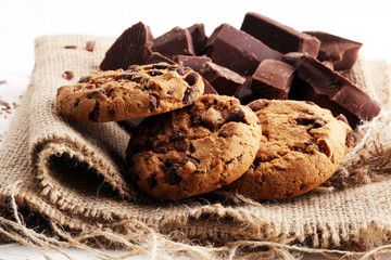 Chocolate cookies on white background. Chocolate chip cookies shot