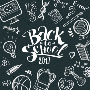 Back to school concept. Hand drawn typography and sketch educational objects frame. Vector illustration. Chalkboard background. Education doodle icons.