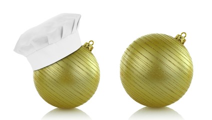 Green christmas balls and chef hat on white background