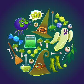 Halloween Round composition. Funny background with scary objects. Vector set with eyes, potion, spider, candy, bringing, witches hat in cartoon style.