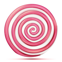 Round Pink Lollipop Isolated Vector. Classic Sweet Realistic Candy Abstract Spiral Illustration