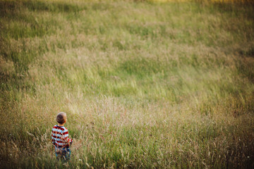 Little boy runs on green field